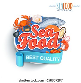 Seafood Best Quality Logo. Shrimp And Crab, Oysters, Fish Steak And Salmon Caviar, Octopus And Mussels. For Market, Shops And Your Design Vector Illustration.