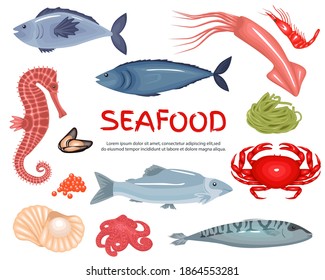 Meeresfrüchte große Sammlung Hintergrund Set. Fisch Produkte, flache Symbole große Menge. Vektorgrafik von Symbolen von Muscheln, Garnelen, Kalmare, Tintenfisch, Hummer, Krabben, Austern, Thunfisch, Kaviar. Vektorgrafik