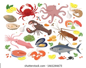 Seafood big collection of vector illustrations in flat design isolated on white background. Vector icon set of mussel, shrimp, squid, octopus, lobster, crab, mollusk, oyster, tuna fish, seaweed, roe.