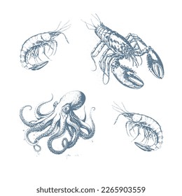 Seafood big set. Ink sketch isolated on white background. Hand drawn vector illustration. Retro style.