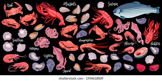 Seafood big set. Sea creatures shrimps, lobsters, salmon, mussels, crabs, scallops, oysters and baby octopuses. Hand drawn vector isolated illustration in trendy flat style with dry brush texture.