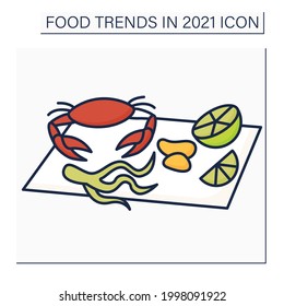 Seafood boils color icon. Fresh crab, lemon, clams. Boiled in flavorful broth. Season dish. Food trends concept. Isolated vector illustration