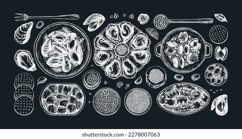 Seafood buffet illustrations collection on chalkboard. Hand-drawn shellfish - mussels, oysters, shrimps, caviar, canned fish canape sketches. Mediterranean cuisine, restaurant menu, finger food party