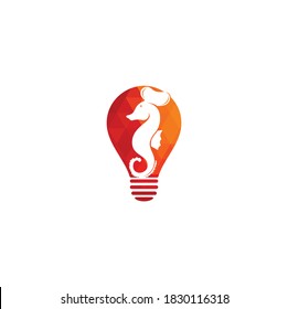 Seafood bulb shape concept Logo. Seahorse Chef Knife Fork and Spoon Symbol Illustration. Chef and seahorse logo design template	