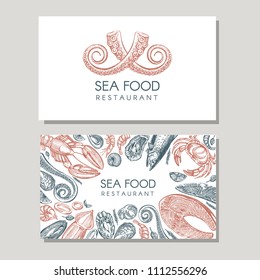 Seafood  business card and banner. Graphic illustration sea food (mussels, crab, lobster, shrimp, salmon, oysters, octopus, squid) Vector set with logotype and template design.