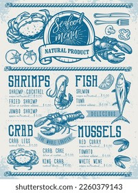 Seafood cafe colorful vintage menu for restaurant serving food from natural ocean fish and crustaceans or mollusks vector illustration