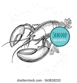 Seafood cafe menu brochure, template design. Vector restaurant card with hand-drawn graphic. Food flyer.