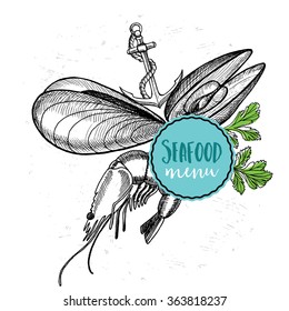Seafood cafe menu brochure, template design. Vector restaurant card with hand-drawn graphic. Food flyer.