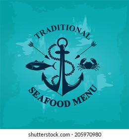 Seafood cafe menu, template design. Vector illustration.