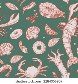 Seafood in cafe or restaurant, lobster and oyster, onion rings and mollusk with slice of lemon and mint herb for taste. Served meal, seamless pattern, print or background. Vector in flat style