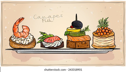 Seafood canapes set illustration with salmon, red caviar and shrimp on a plate. All objects is separate and editable. 