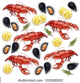 Seafood cancer and mussels Vector realistic pattern backgrounds