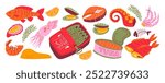 Seafood and canned fish set in jars. Shrimp, mussels, clams, fish fillets and sprats. Seafood set for restaurants and cafes. Cartoon doodle stickers