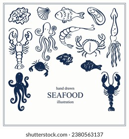 Seafood card template background for text hand drawn sketch vector illustration. Design backdrop with seafood delicacies oysters, crab, fish, mussels, shrimp, lobster, crayfish, squid, octopus,shell