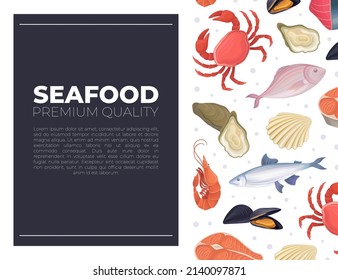 Seafood card template. Restaurant or fishery product market advertising, flyer, banner design vector illustration