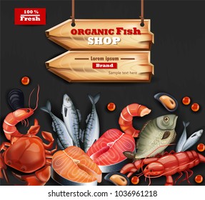 Seafood card Vector realistic. Organic shop mock up. Layout 3d illustration templates. place for text