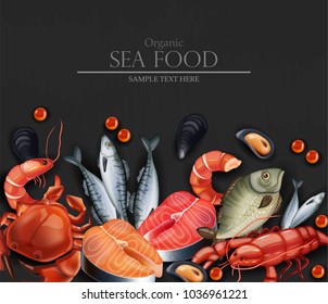 Seafood card Vector realistic. Organic shop mock up. Layout 3d illustration templates