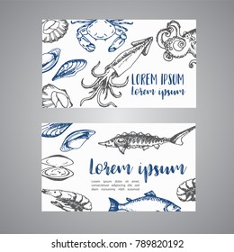 Seafood cards vector template set. Hand drawn vector illustrations. Sketch of crab, lobster, shrimp for restaurant menu design.