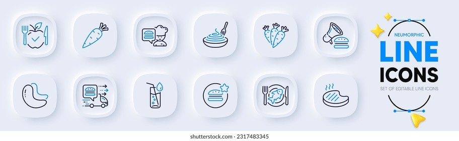 Seafood, Carrots and Chef line icons for web app. Pack of Grilled steak, Vegetarian food, Best food pictogram icons. Pasta dish, Water glass, Carrot signs. Cashew nut, Burger. Vegetables. Vector