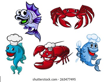 Seafood cartoon characters including funny blue fishes and red crayfish in chef hats and angry crab for childish or seafood food menu design