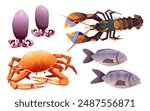 Seafood cartoon collection - cute marine animals for restaurant or market menu. Vector illustration set of underwater creatures - fish and lobster, crab and squid. Ocean crustacean and fish for cook.