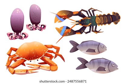 Meeresfrüchte Cartoon Kollektion - süße Meerestiere für Restaurant oder Marktmenü. Vektorillustration-Set von Unterwasser-Kreaturen - Fische und Hummer, Krabben und Tintenfisch. Meereskrebstiere und Fisch zum Kochen.