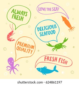Seafood cartoon colorful poster.Crab, shrimp, octopus, fish, squid with speech bubble on textured background. Fresh, delicious seafood and premium quality titles.