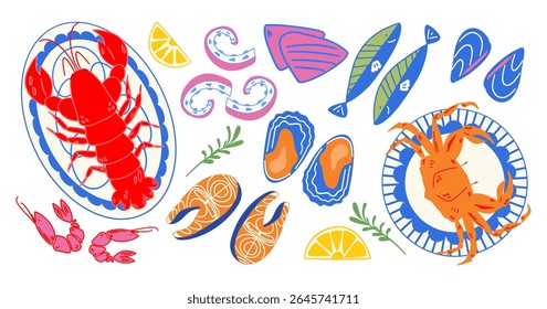 Seafood cartoon illustration set. Crab, lobster, fish, octopus. Mediterranean food.