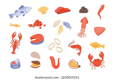 Seafood. Cartoon marine food. Ocean fish, salmon, oyster, tuna, crab, shrimp, shellfish caviar, squid canned fishes products. Healthy fresh sea animal. Vector elements for cafe menu.