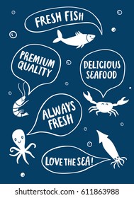 Seafood cartoon poster.Crab, shrimp, octopus, fish, squid with speech bubble. Fresh, delicious seafood and premium quality titles.