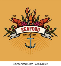 Seafood in cartoon style. Restaurant logo with lobster, shrimps snails, sea cabbage and anchor. Hand-drawn illustration on a yellow background