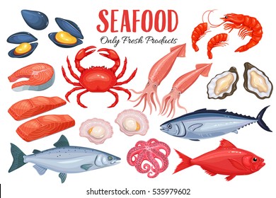 Seafood in cartoon style. Vector icons mussel, fish salmon, shrimp, squid, octopus, scallop, lobster, craps, mollusk, oyster, alfonsino and tuna.