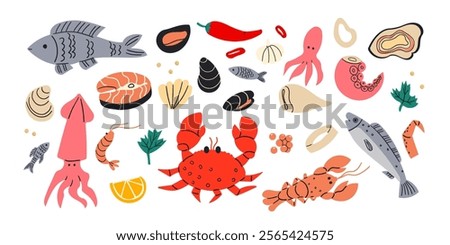 Seafood in cartoon style. Vector icons mussel, fish salmon, shrimp, squid, octopus, scallop, lobster, craps, mollusk, oyster, alfonsino and tuna.