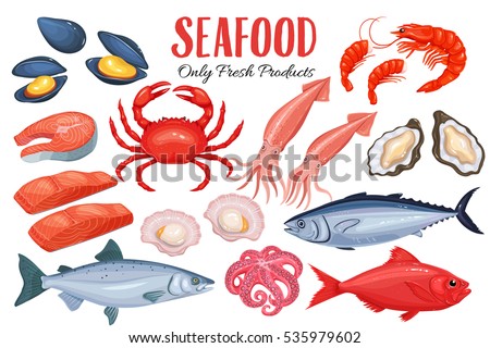 Seafood in cartoon style. Vector icons mussel, fish salmon, shrimp, squid, octopus, scallop, lobster, craps, mollusk, oyster, alfonsino and tuna.