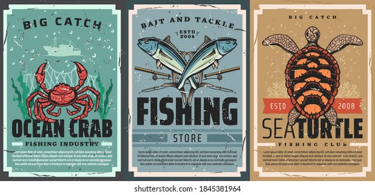 Seafood Catch And Fishing Tackle Shop Vintage Poster. Ocean Crab, Tuna And Rods, Sea Turtle, Coral And Seaweed Vector. Seafood Industry, Fishing Equipment And Bait Store And Club Retro Banners