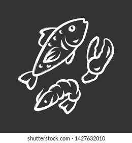 Seafood chalk icon. Omega 3 source products. Gourmet meal, healthy food. Boiled prawn, fresh salmon dish ingredients. Fish, shrimp and lobster claw isolated vector chalkboard illustration