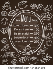 Seafood chalkboard menu with a central oval frame with a list of prices surrounded by white vector line drawings of fish calamari lobster crab sushi shrimp prawn mussel salmon steak and herbs