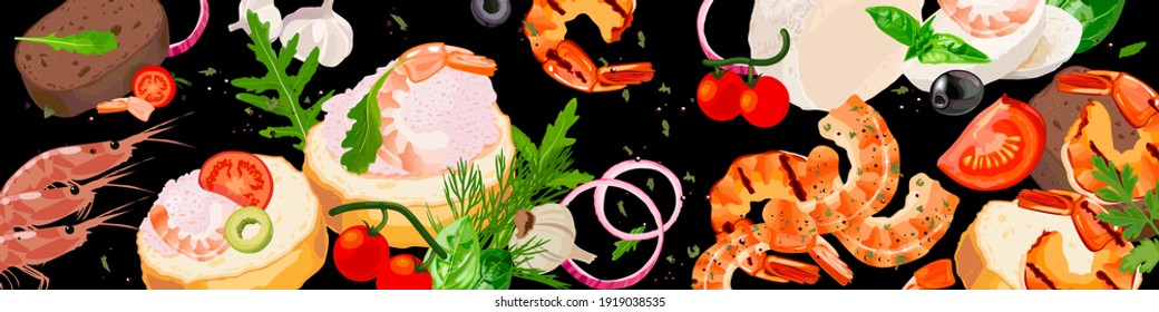 Seafood and cheese background. Varieties of seafoods, gourmet cheeses and verdure. Vector Illustration