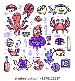 Seafood cliparts. Underwater animals. Banner for menu and websites. Vector hand drawn illustration. Square fisherman concept