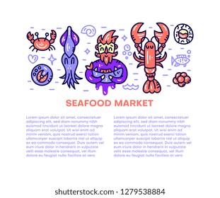 Seafood cliparts. Underwater animals. Banner for menu and websites. Vector hand drawn illustration. Square fisherman text template