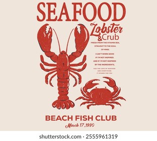 Seafood club. Crab and lobster design. Fish vintage artwork. Lobster fish artwork for t shirt print, poster, sticker and other uses.