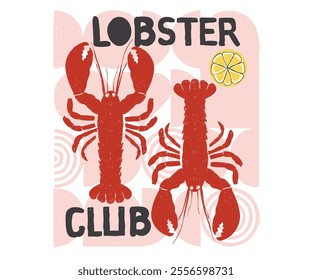 Seafood club. Lobster design. Fish vintage artwork. Lobster fish artwork for t shirt print, poster, sticker and other uses. Lobster with lemon design.