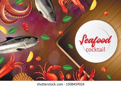 Seafood Cocktail Banner. Various Sea Animals, Fresh Products Promo Flyer Design. Salmon, Octopus, Crab, Fish, Crayfish, Scallop, Lemon, Tomato Lying around White Plate Realistic 3d Vector Illustration