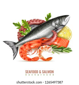 Seafood cocktail ingredients realistic composition with whole fresh salmon fish shrimps octopus tentacle lemon herbs vector illustration