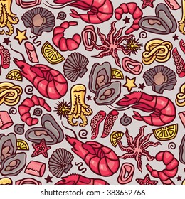 Seafood cocktail seamless pattern in vector. Cute hand drawn illustration of seafood including shrimps, oysters, crabs and calamar. Perfect background for a menu of a mediterranean cuisine restaurant