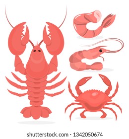 Seafood collection. Crab and shrimp, shellfish. Delicious fresh meal. Vector illustration in cartoon style