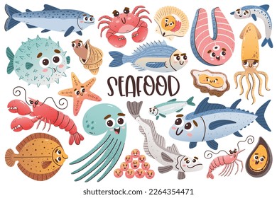 Seafood collection with cute cartoon faces. Isolated colorful cliparts. Vector illustration.