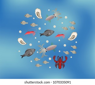 Seafood collection with fish, oyster, lobster, shrimp, squid. Template of menu of fish market, restaurant; label, icon, tag, banner, background, business card. Drawing for packing product to store