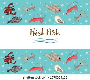 Seafood collection with fish, oyster, lobster, shrimp, squid. Template of menu of fish market, restaurant; label, icon, tag, banner, background, business card. Drawing for packing product to store