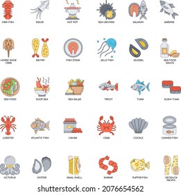 Seafood collection flat vector icon illustrations